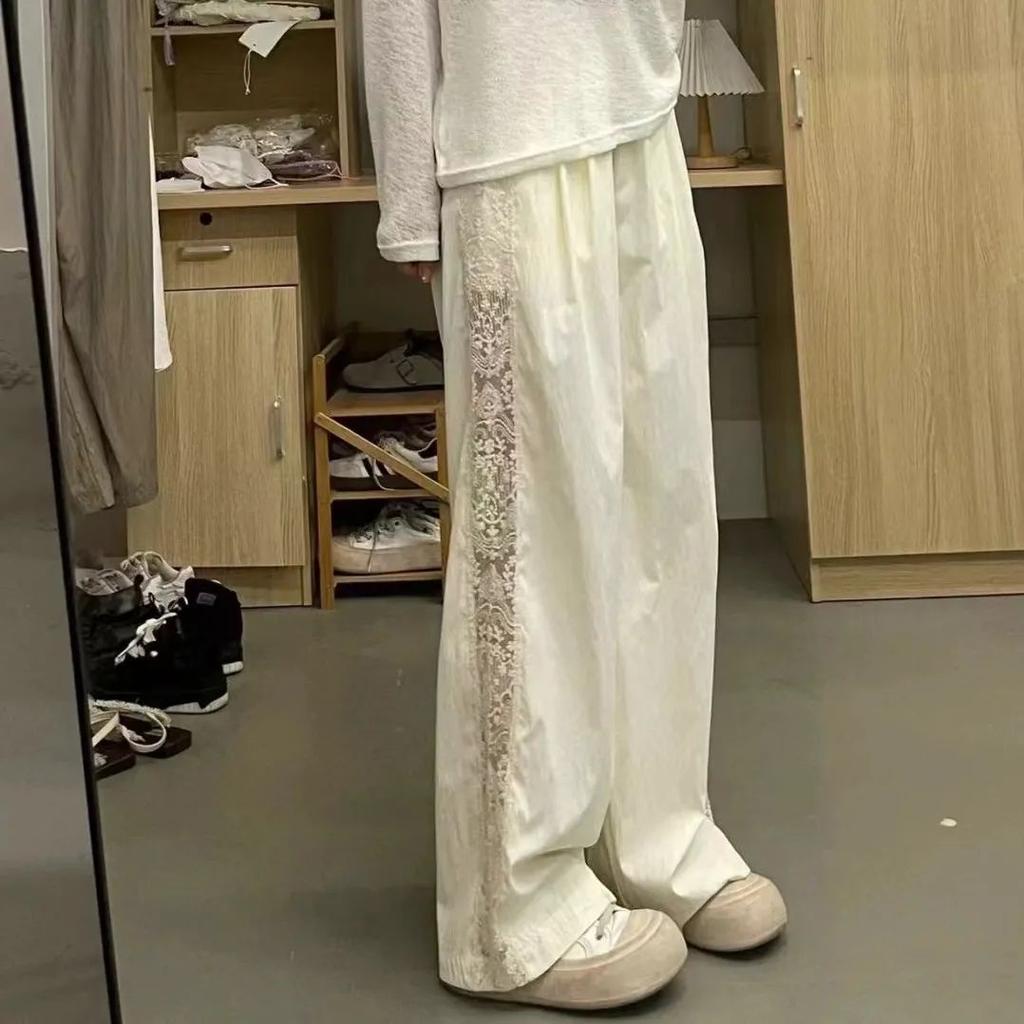 Women's Summer Stylish Lace-Trimmed Wide-Leg Pants - Straight Cut Casual Trendy Long Trousers