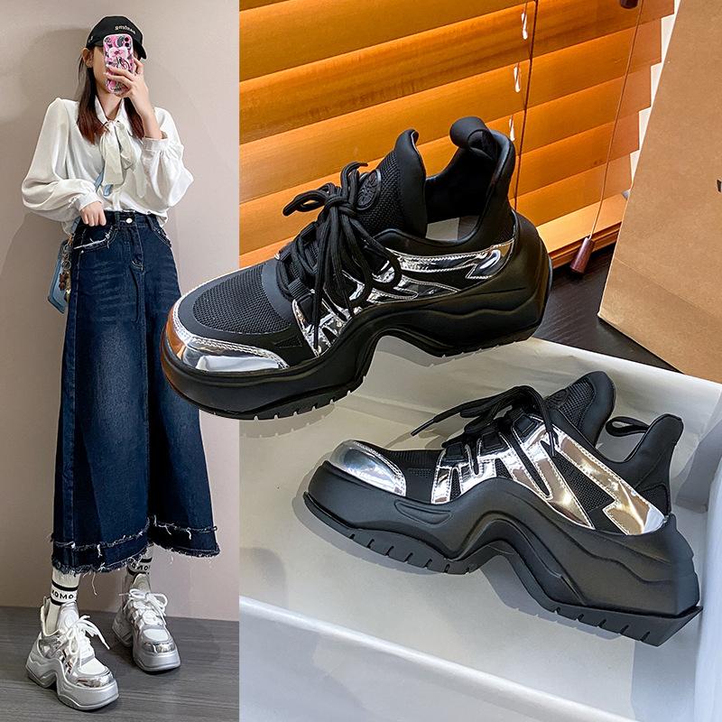 Schleife unten Silber Dad Schuhe Damen Neu Europäische Ware Verdickte Sohle Hufeisenabsatz Mesh Atmungsaktiv Sport Damenschuhe