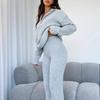 Mode Damen Strickhosenanzug Lässig Umlegekragen Halber Reißverschluss Lange Ärmel Locker Zweiteiliges Set Dame Herbst Winter Lässig Indoor-Sets