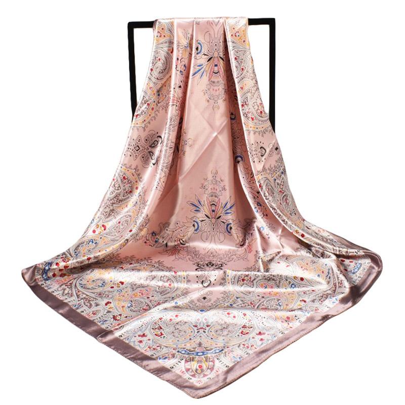 High Quality Silk Feeling Scarf Square Floral Printed Shawl Wrap Spring Summer Neckerchief Hair Band Lady Decor Foulard 90X90Cm