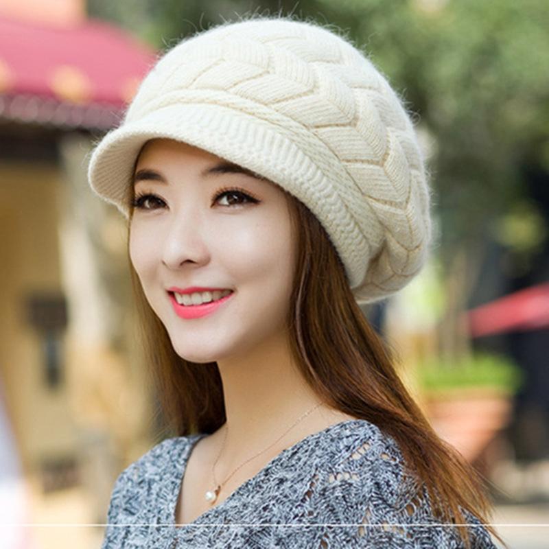Women'S Autumn/Winter Knitted Hat With Fleece Lining Stylish And Versatile Beret Outdoor Warm Hat