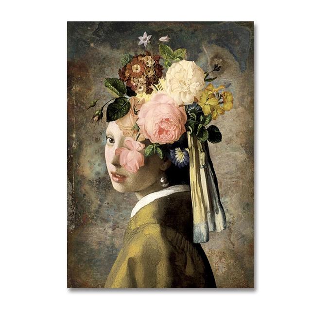 

Знаменитый портрет Моны Лизы, девушки с жемчугом и цветами, картина маслом, печать на холсте, винтажный настенный постер, Куадрос, настенное искусство 60x90cm No Frame белый