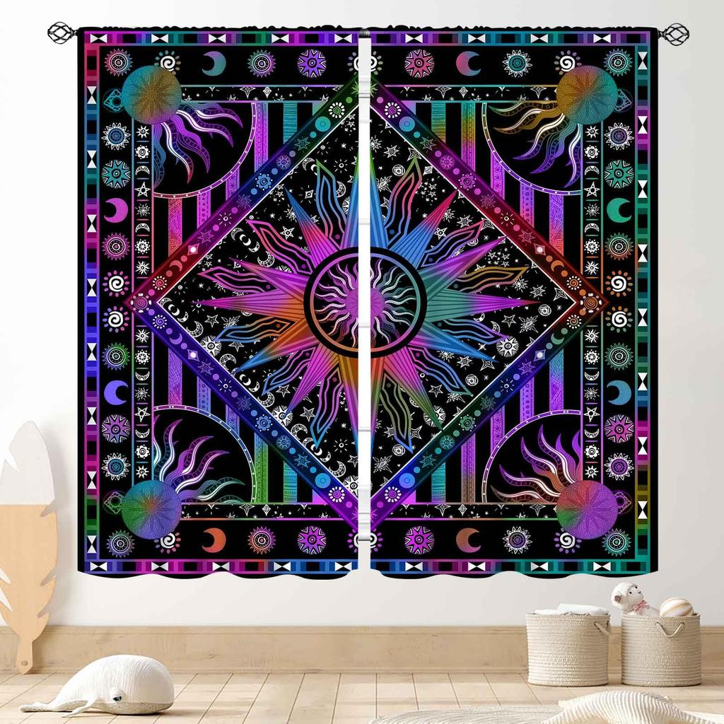 Gradient Mandala Flower Purple Blue Starry Galaxy Blackout Rod Pocket Curtain Boho Mystic Elegant Bedroom Rest Bay Window