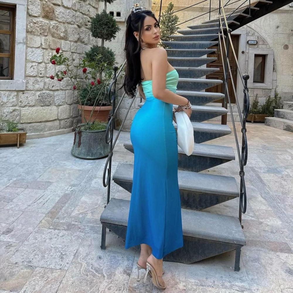 2025 New Trend Summer Slim Fit Sexy Strapless Gradient Color Mid Length One-step Skirt