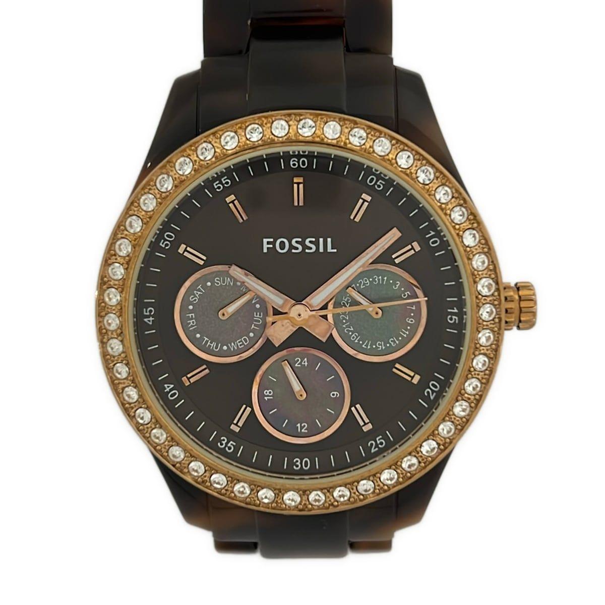 Used FOSSIL Watch in Good Condition - ES-2923 Ladies Rhinestone Bezel/Shell Dial Dark Brown x Gray Shell