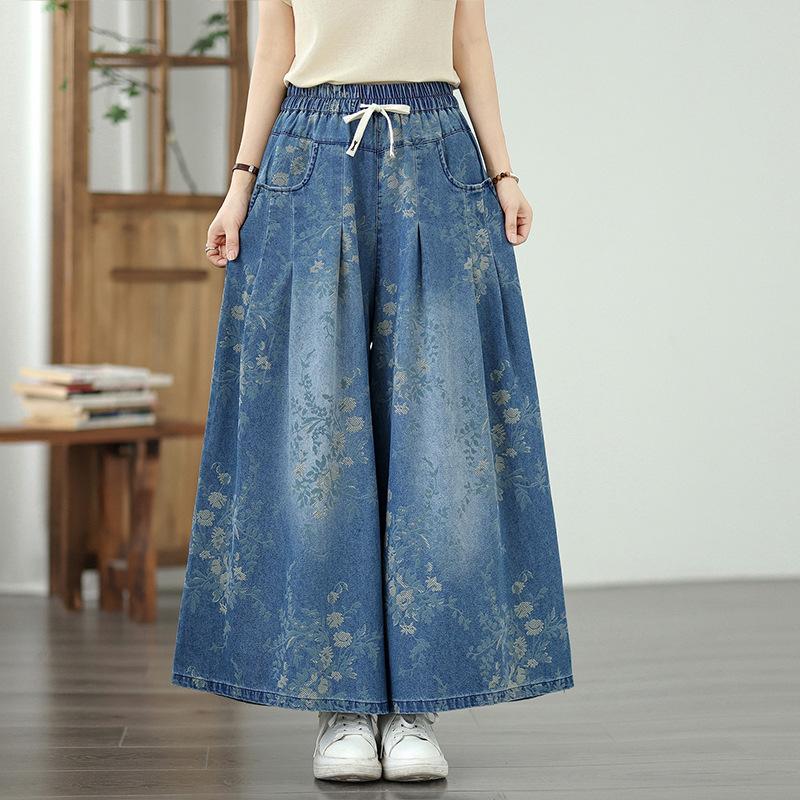 Lockere High Waist Wide Leg Jeans Bedruckter Elastischer Bund Lässige Denimhose Damen Sommermode Gerade Hose 2025