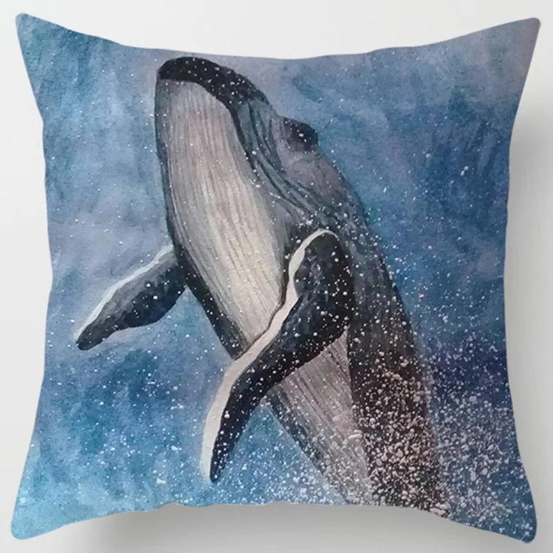 Ocean Whale Oil Painting Series Printed Pattern Cushion Cover Home Living Room Sofa Decoration Square Pillow  Cover45x45cm