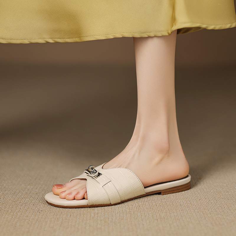 Krazing Pot Cow Skin Mules Summer Size 42 Low Heels Luxury Shoes Metal Decoration Women Superstar Women Peep Toe Slip on Sandals