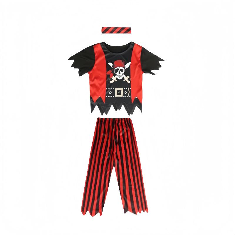 Kids  Caribbean Pirate Costume - Halloween Captain Jack Cosplay Striped Set (Short Sleeve Top & Long Pants) S