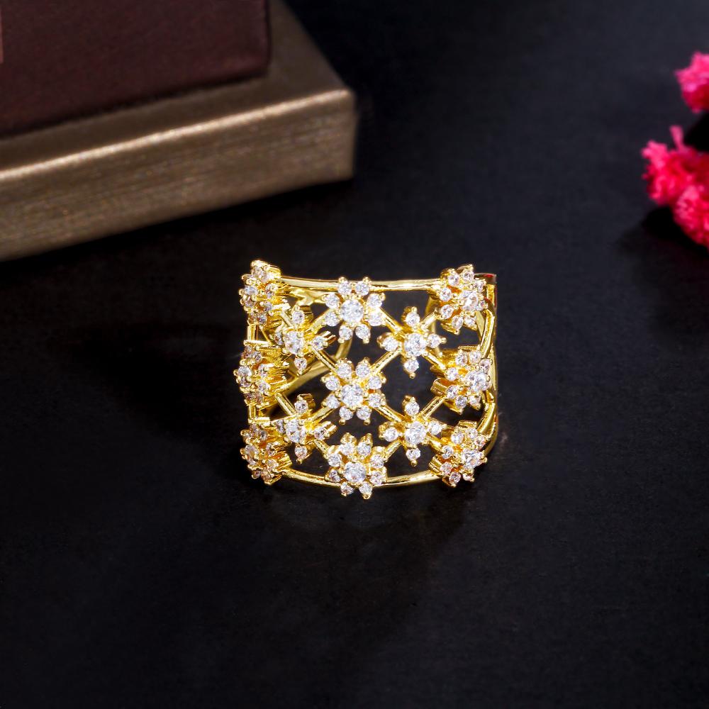 CMM Exclusive Design Hollow Star flower Gold Color Silver Color Fine Flashing Zircon Opening Adjustable Ring