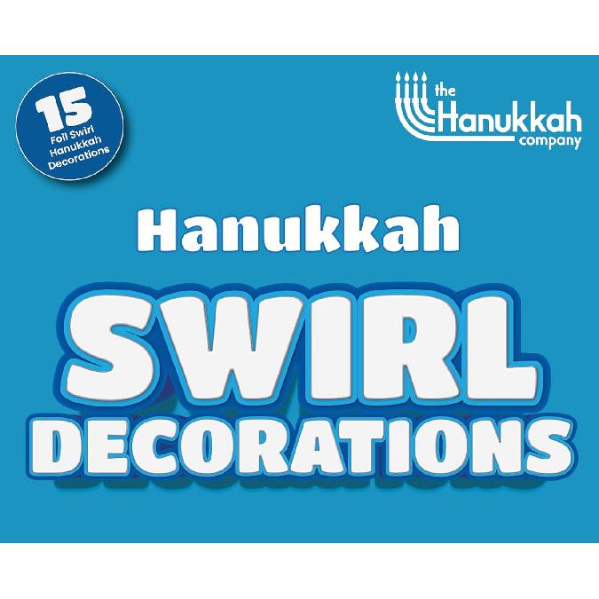 Hanukkah Swirl Decorations - 15 Foil Swirls with Menorah, Dreidel and Star Cutouts - Blue and White Chanukah Decor