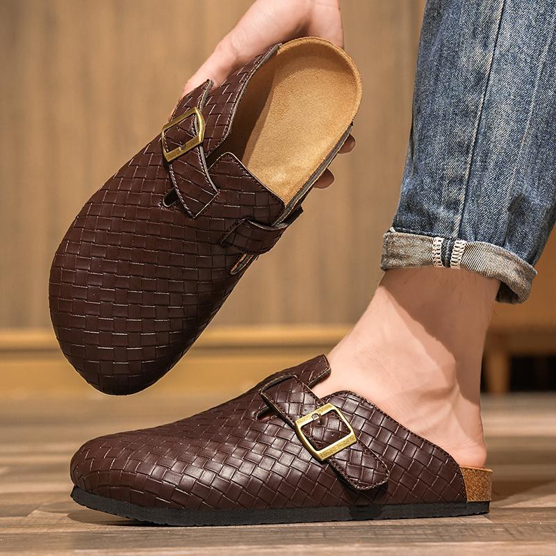 Herren Baotou Hausschuhe Marke Kuhvelours Clogs Leder Korkfußbett Herren Pantoletten Outdoor Rutschfest Damen Strandsandalen
