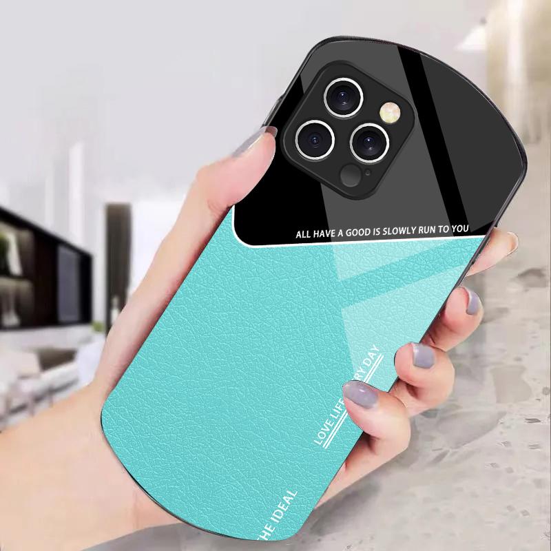 Leather Element Blue For IPhone 16e 16 Pro Max 11 12 Mini 13 14 P Lus 15 Plus 7 8 Se 2020 Elliptical Tempered Glass Phone Case