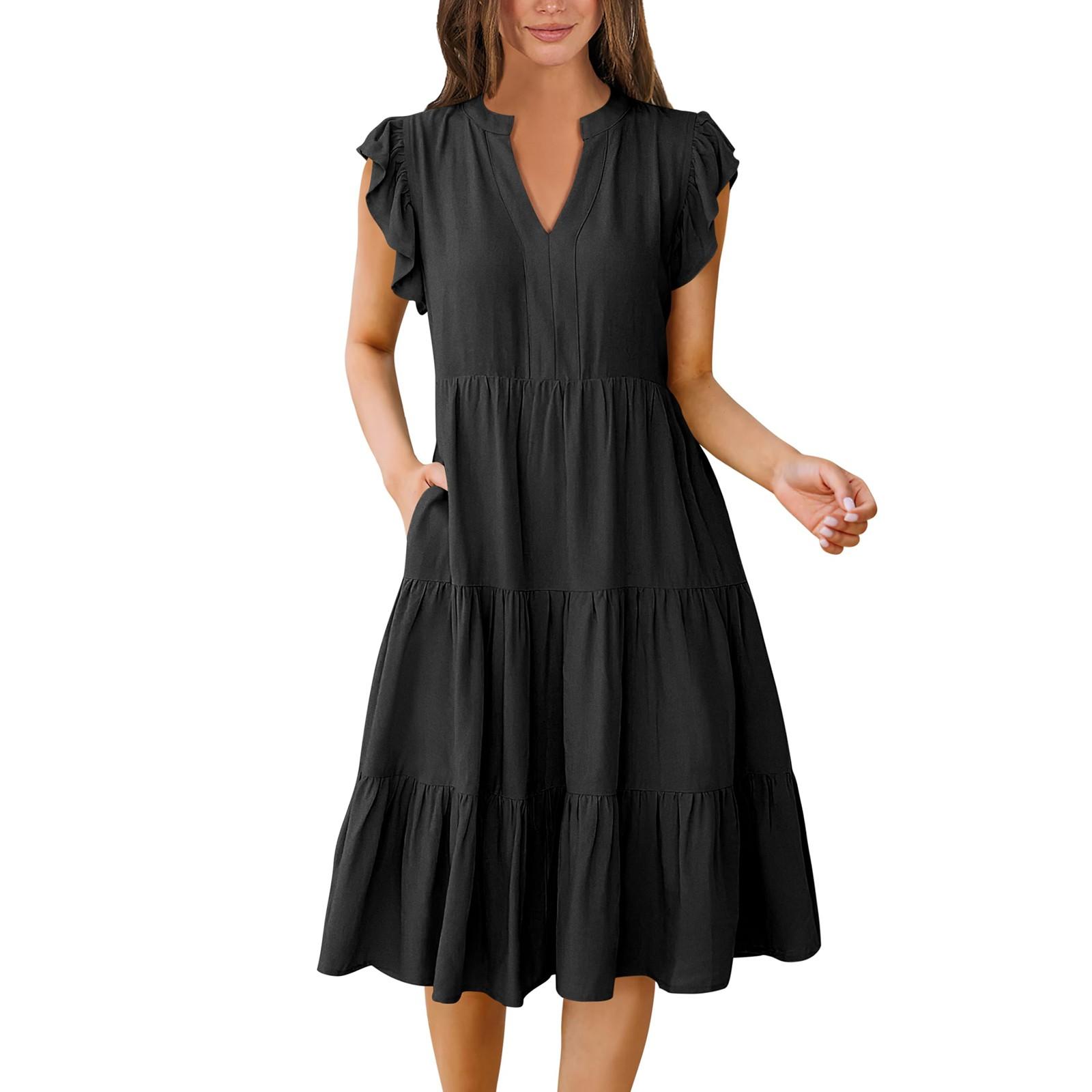 

Женские богемные однотонные летние повседневные многослойные платья с v-образным вырезом и рюшами на рукавах L чёрный