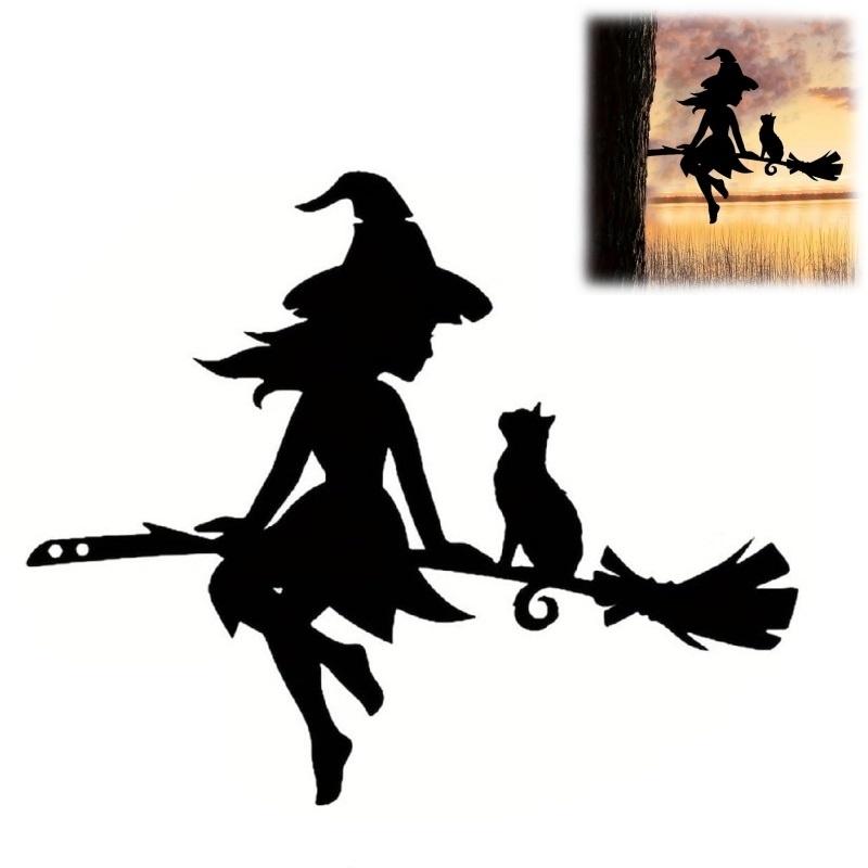Halloween Black Cat Witch Broom Silhouette Garden Outdoor Stake Statue Decor