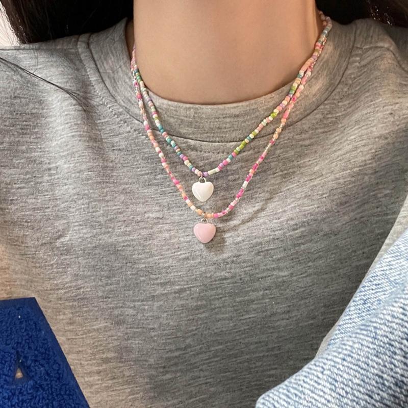 Bohemian Beaded Necklace Summer Rice Bead Love- Necklace Hawaii Beach Necklace Jewelry Suitable for Ladies and Girls