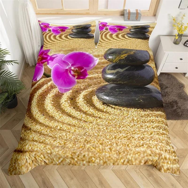 Zen Stones Duvet Cover Bamboo Phalaenopsis Bedding Set Meditation Quilt Cover Microfiber Tranquil Nature Artwork Bedspread Cover