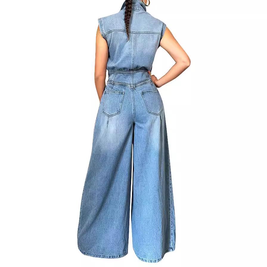 Women's Casual Washed Sleeveless Denim Jumpsuit with Wide-Leg Pants - TS1300 Cross-border Source