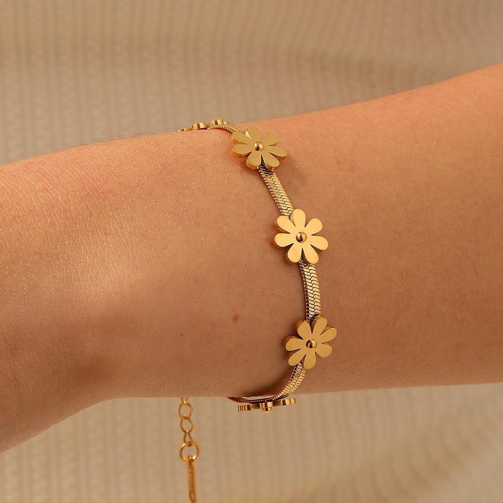 DIEYURO 316L Stainless Steel Golden Chrysanthemum Flower Little Daisy Snake Bone Bracelet Lady Classic Wrist Chain Jewelry