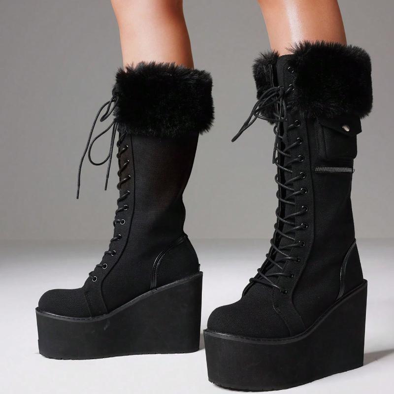 Панк Готичні Жіночі Бойові Чоботи Масивний Каблук-Клин Хутро До Середини Ікри Платформа Розкішне Зимове Взуття для Хелловіну Жіноче
