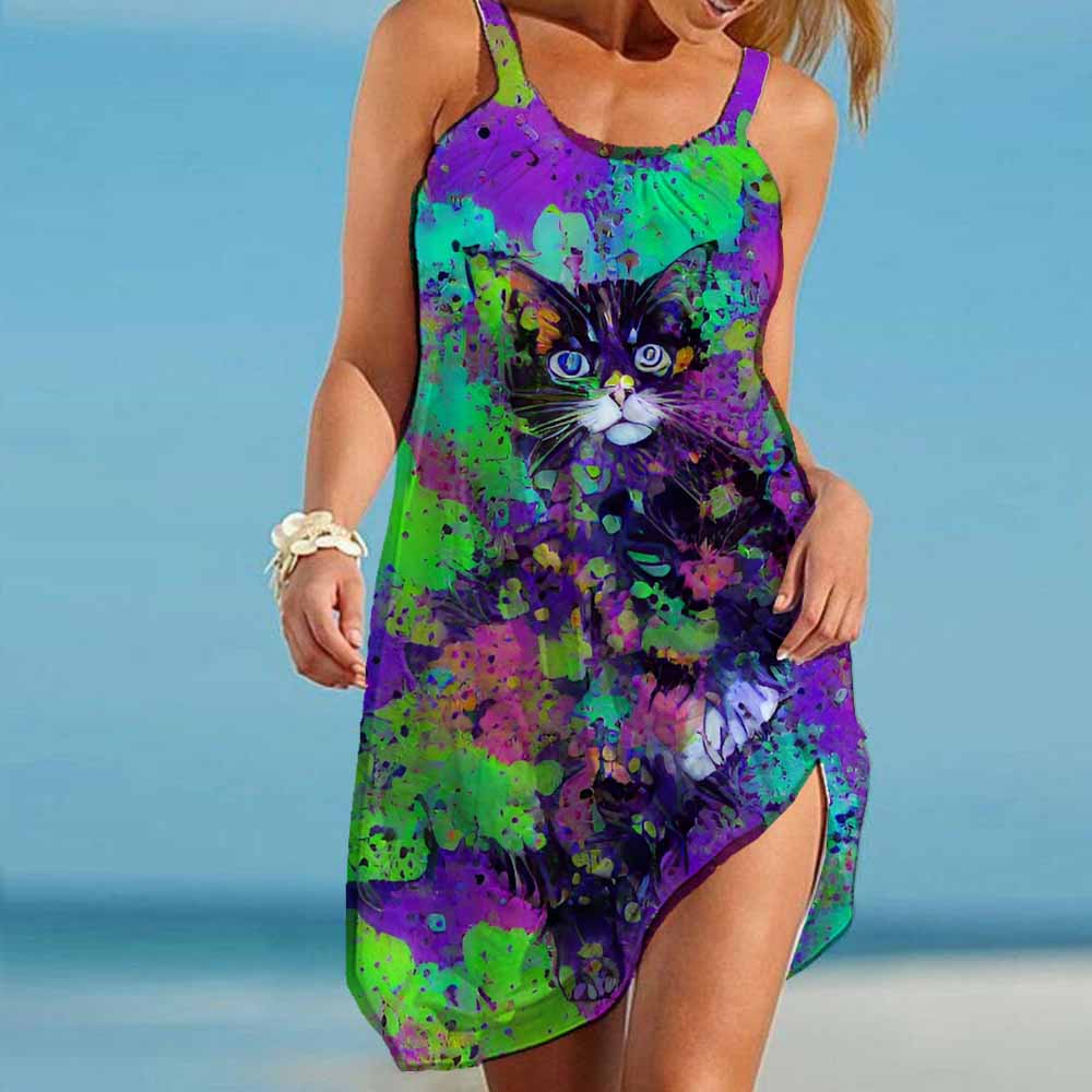 New Women's Fashion 2025 New Print Summer Casual Party Mini Dress Beach Style Elegant Pop Art Prints Lady Sleeveless Dress