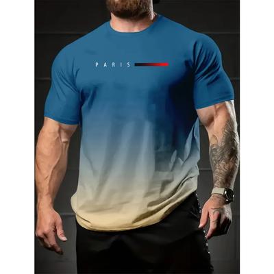 Stilfull T-shirt med gradientfärg och Paris-grafiktryck - Livlig kortärmad t-shirt med rund hals för män - Perfekta sommarkläder för utomhusaktiviteter med bekväm