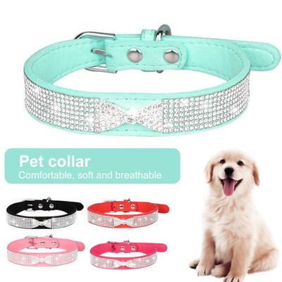 Pet Dog Collar Faux Crystal Bow-knot Design Dress-up Adjustable Inlaid Rhinestone Pet Dog