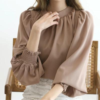 Blusas de Manga Abullonada Sueltas Vintage Nuevas de Primavera para Mujer Moda Elegante Color Sólido Casual Camisa de Gasa para Mujer Blusa Pulóver Sencilla Ajustada Ropa para Mujer 26567