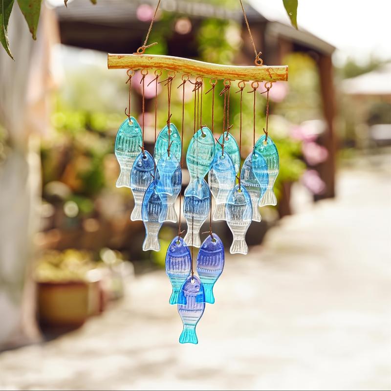 Blue Glass Sea Fish Wind Chimes Outdoor Handmade Chime for Balcony Garden Patio Unique Decor