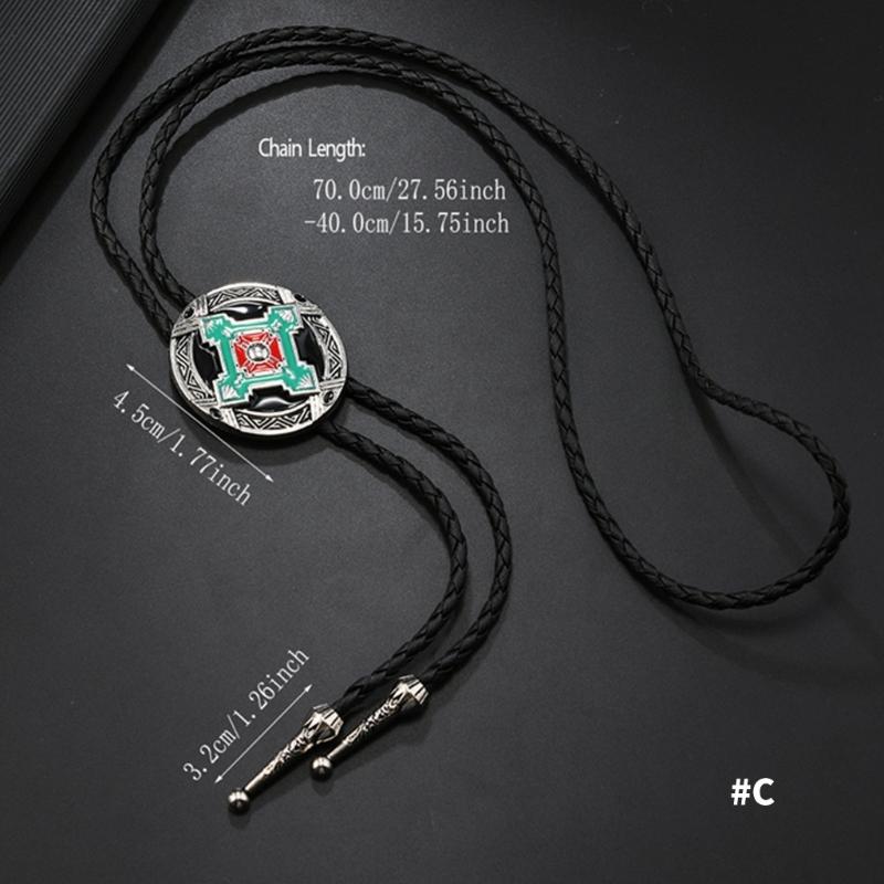 Mens Adjustable Leather Cord Bolo Tie with Enamel Metal Badge Pendant Western Rodeos Outfit Shirt Chain Necktie Necklace