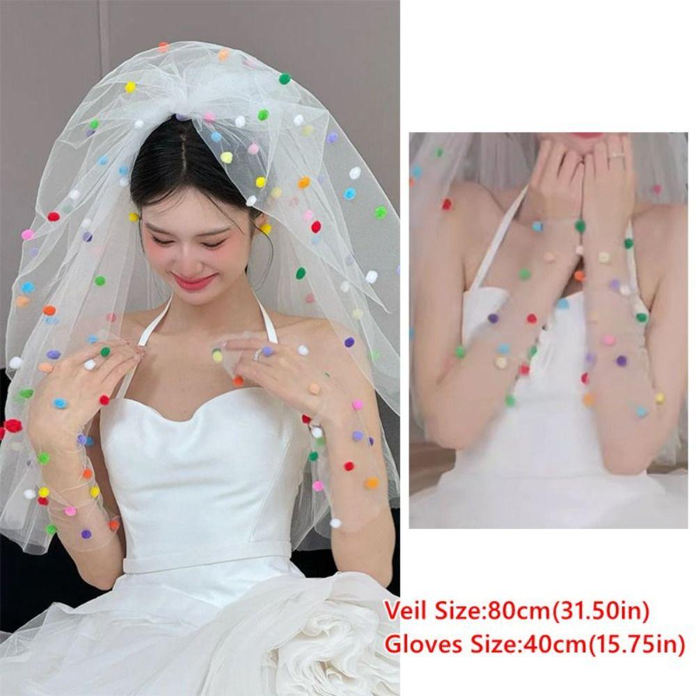 Photo Props Pompom Mesh Tulle with Clip Gloves New White Veil