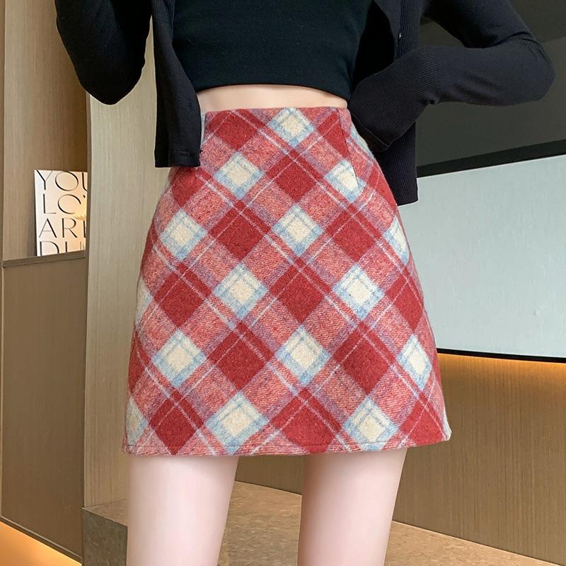 Woolen Skirt Autumn and Winter Retro New Style for Women with High Waist Slimming A-line Plaid Hip-pack Skirt
