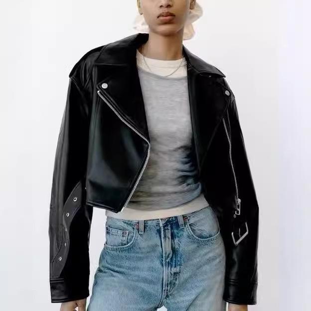 Women Faux PU Leather Jacket Casual Lady Lapel Zipper Short Leather Jacket High Street Motorcycle Coat