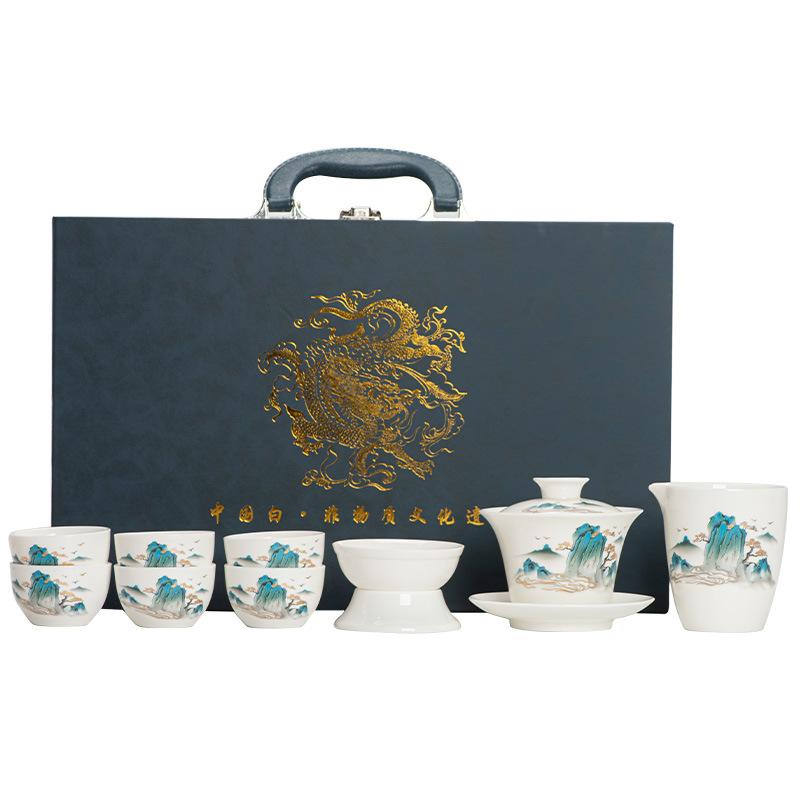 Tea set White porcelain household ceramic teapot cover bowl tea tray Suet jade high-end tea gift