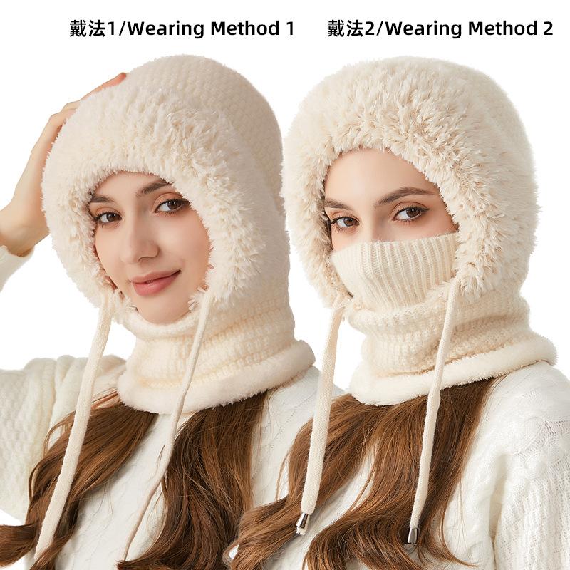 Women Fleece Lined Knit Hat Set Winter Warm Knitted Hat 3 in 1 Hooded One Piece Snow Cap W/Scarf & Mask for Cold Weather Protect