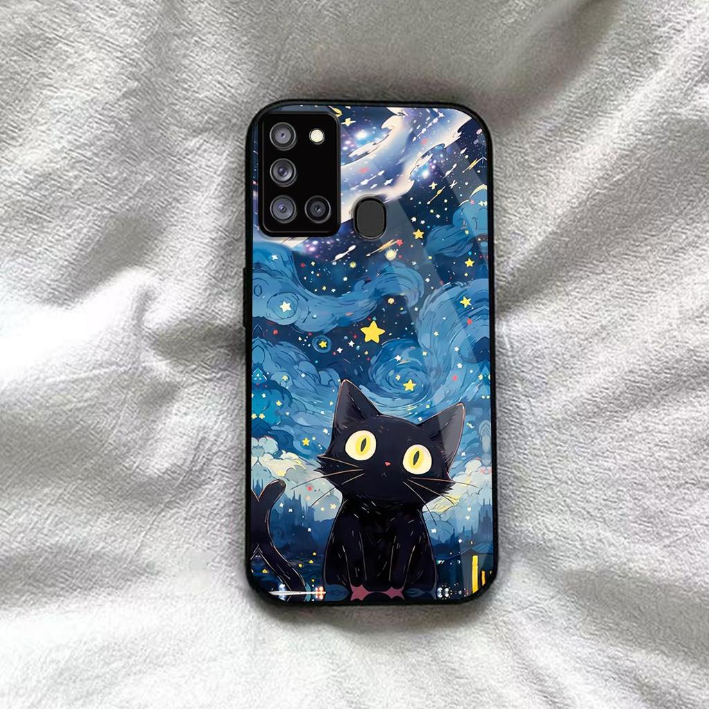 Case for Samsung Galaxy A21s Anime Black Cat Starry Cloud Print Phone Cover Acrylic Hard Back Shell With Flexible TPU Edge