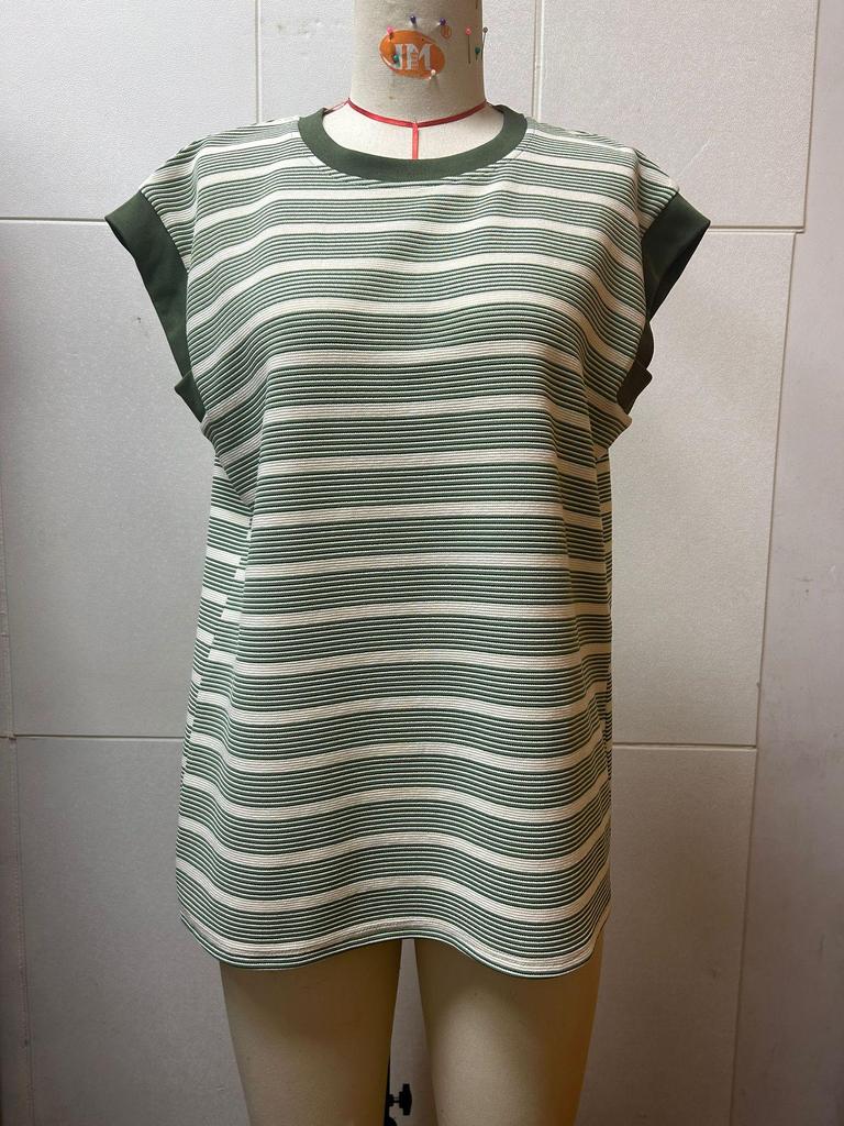 2025 Women's Striped Summer Knit Loose T-Shirt, European and American Style, Round Neck.