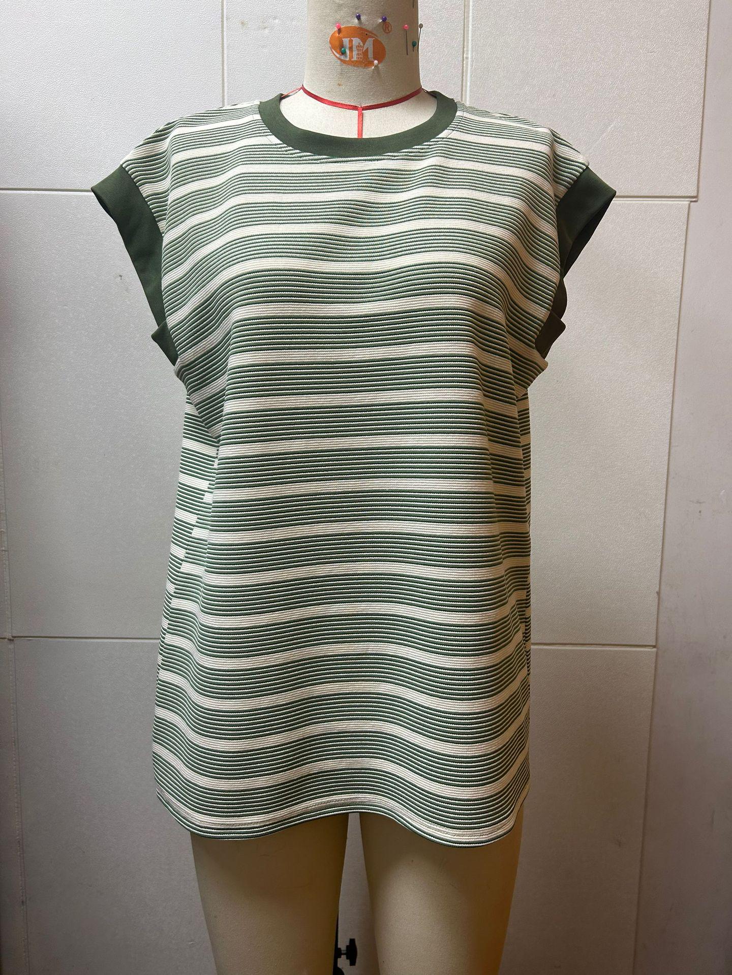 

2025 Женская летняя трикотажная футболка свободного кроя в полоску, европейский и американский стиль, круглый вырез. S