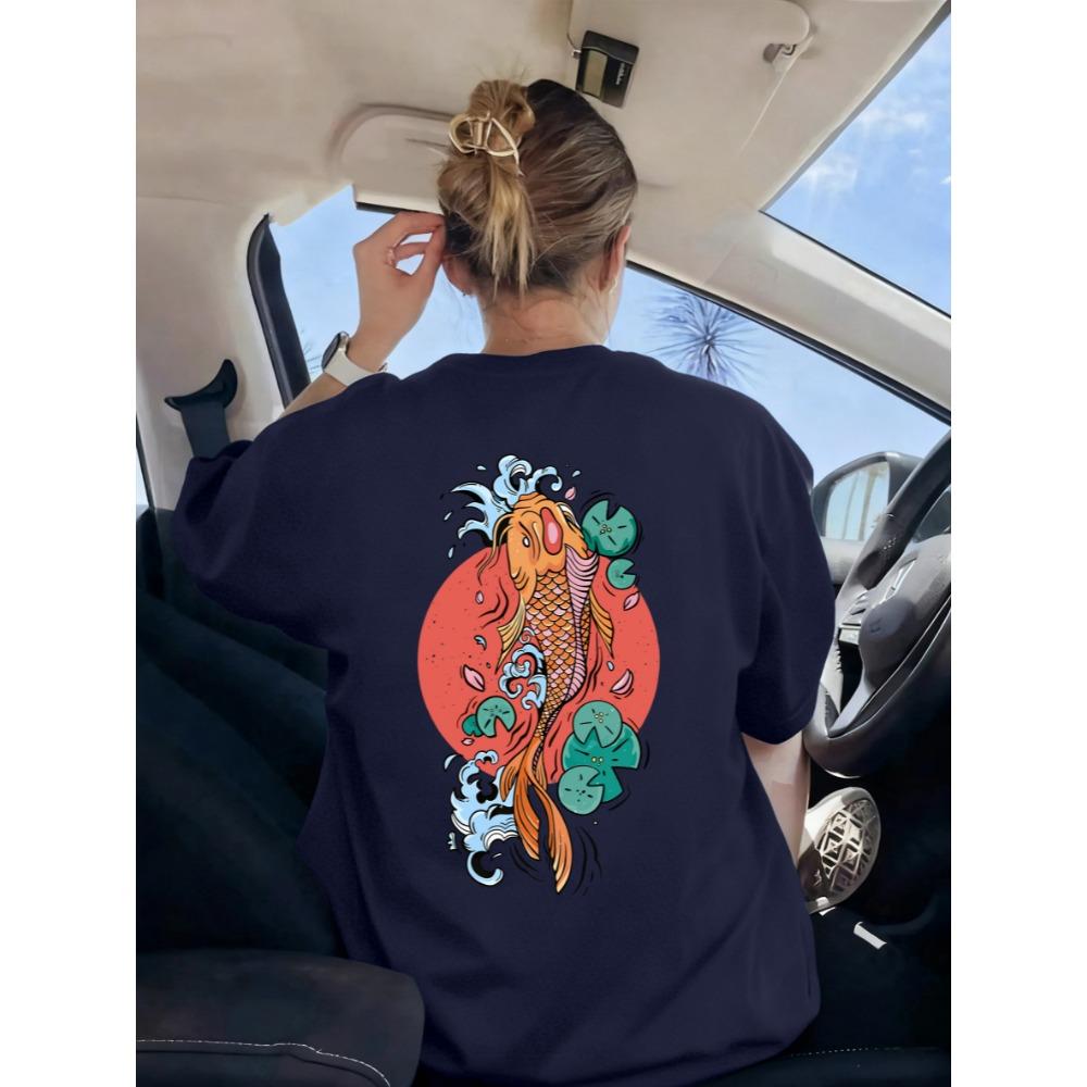 

Harajuku Japan Tokyo Koi Print T-Shirt Women Summer Breathable Short Sleeve Clothing Multicolor Crewneck Tee Shirt S