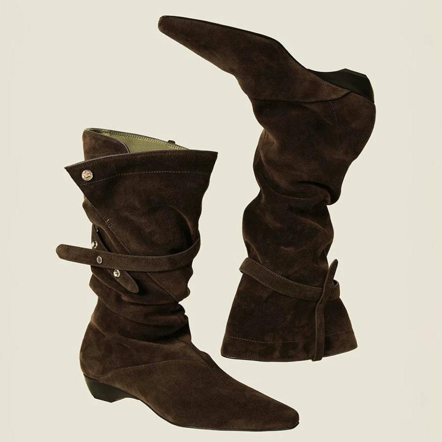 Korean version of pointed thick heel western cowboy boots women's 2025 autumn and winter new fashion versatile wide tube stacking boots medium tube b