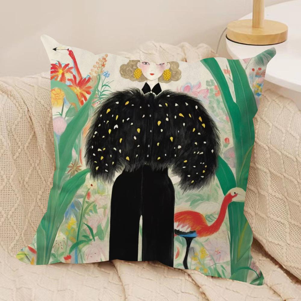Fashion Illustration Cushion Cover Soft Plush Fabric Double-Sided Printed Sofa Cushion Cover for All Seasons Home Decor Gift
