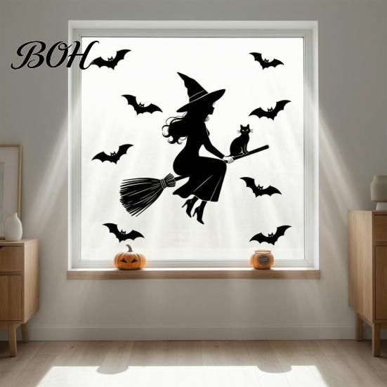 Spooky Party Window Decor Halloween Witch Black Cat Static Stickers, Waterproof PVC Silhouette Decals, Stickers Removable Wall Art for Home Glass Door