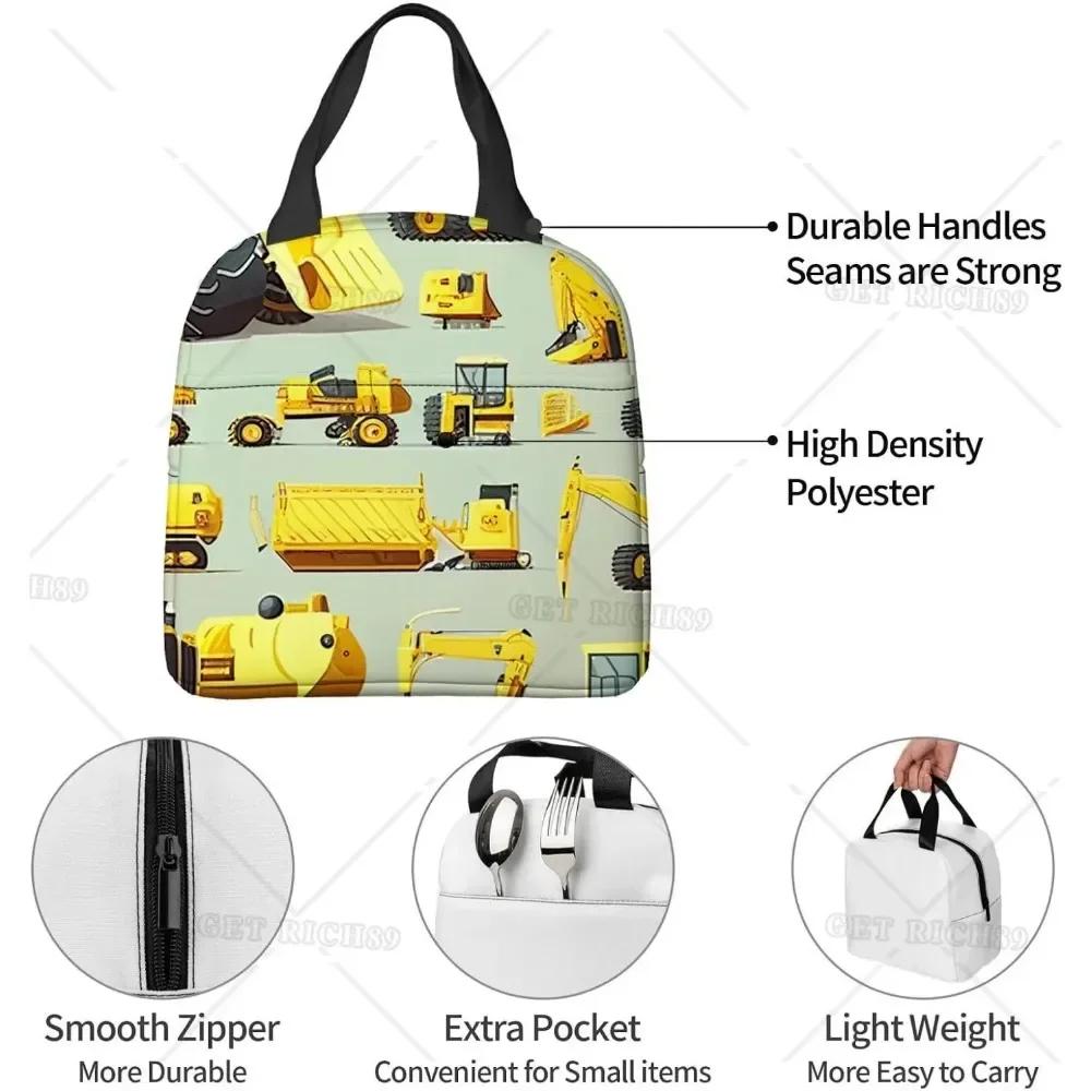 Construction Machinery and Equipment Set Insulated Lunch Bag for Women Men Cars Reusable Lunch Box for Office Work Picnic Beach