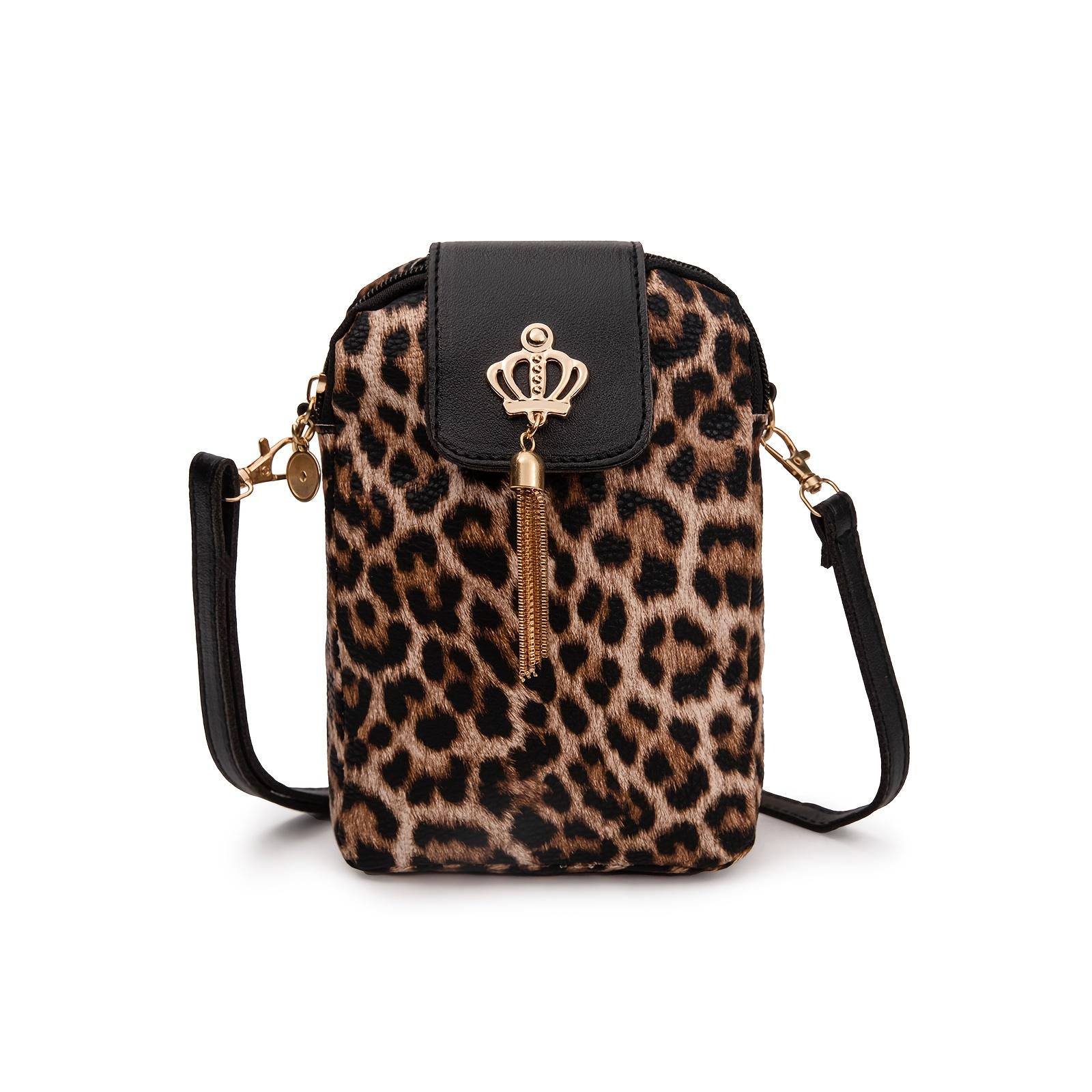 

Женская сумка кроссбоди с леопардовым принтом, мини-кошелек с кисточкой-шармом в виде короны, съемный регулируемый ремешок, кошелек для телефона, дорожный аксессуар, наплечная сумка