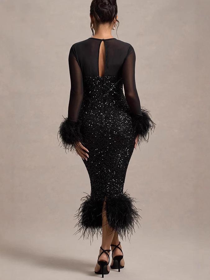 Dámské evropské a americké flitrové bodycon párty šaty - Večerní šaty s dlouhým rukávem Móda 8103