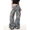 Unisex Retro Graffiti Wide-Leg Jeans: Multi-Pocket Streetwear