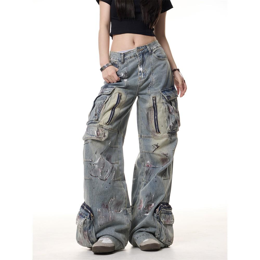

Unisex Retro Graffiti Wide-Leg Jeans: Multi-Pocket Streetwear Medium синий