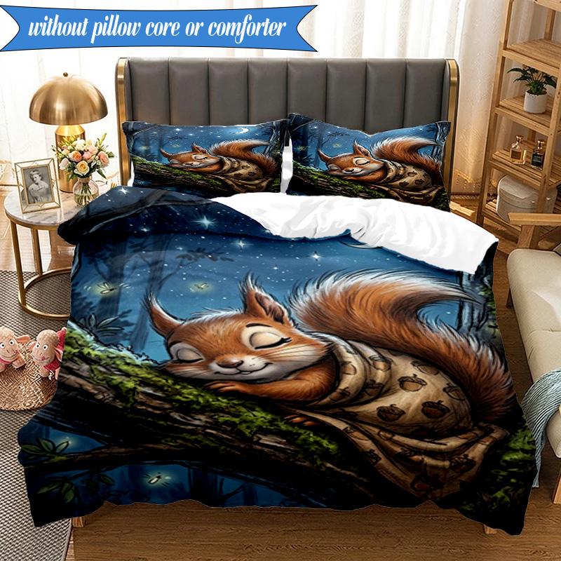 3-teiliges Bettwäsche-Set ' Eichhörnchenträume im Mondlicht', Enthält 1 Bettbezug und 2 Kissenbezüge, Perfekt für Schlafzimmer, Wohnheim, Weihnachtsgeschenk für Fans