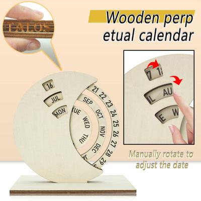 Wooden Rotating Circular Perpetual Calendar Manual Rotatable Disc Calendar Desk Decor for Home Office School