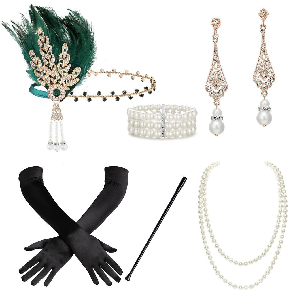 1920er Jahre Gatsby Kostüm Set: Feder-Haarband, Perlenkette, Zigarettenhalter, Handschuhe